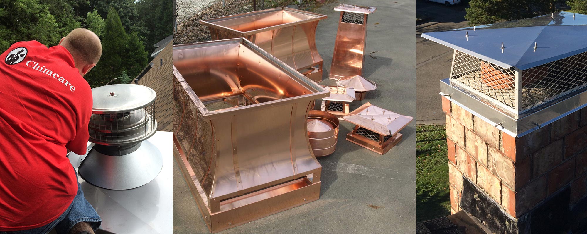A Chimcare technician working on a chimney cap, beside copper chimney caps and a stainless steel cap fitted on a brick chimney A Chimcare technician working on a chimney cap, beside copper chimney caps and a stainless steel cap fitted on a brick chimney