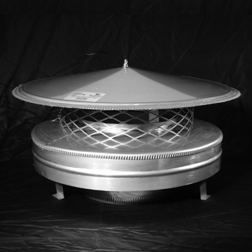 A round stainless steel chimney cap with a mesh screen A round stainless steel chimney cap with a mesh screen