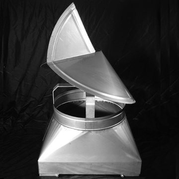 A stainless steel wind directional chimney cap with a hinged, angled lid A stainless steel wind directional chimney cap with a hinged, angled lid