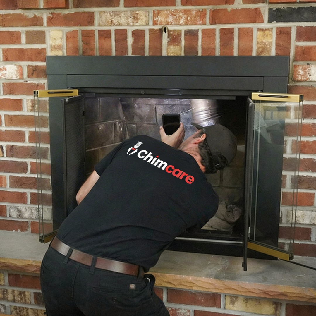 Chimcare technician inspecting a fireplace and chimney Chimcare technician inspecting a fireplace and chimney