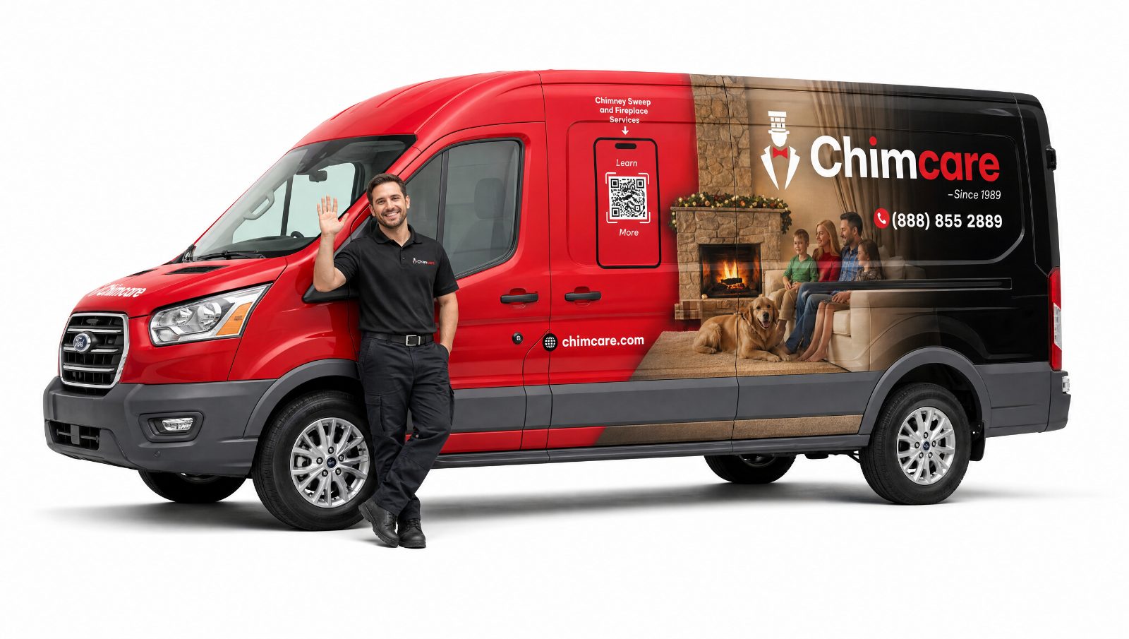 A Chimcare technician waving beside a branded Chimcare service van A Chimcare technician waving beside a branded Chimcare service van