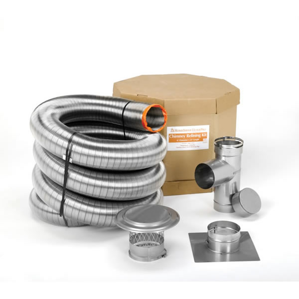 A coiled stainless steel chimney liner kit with its fittings A coiled stainless steel chimney liner kit with its fittings
