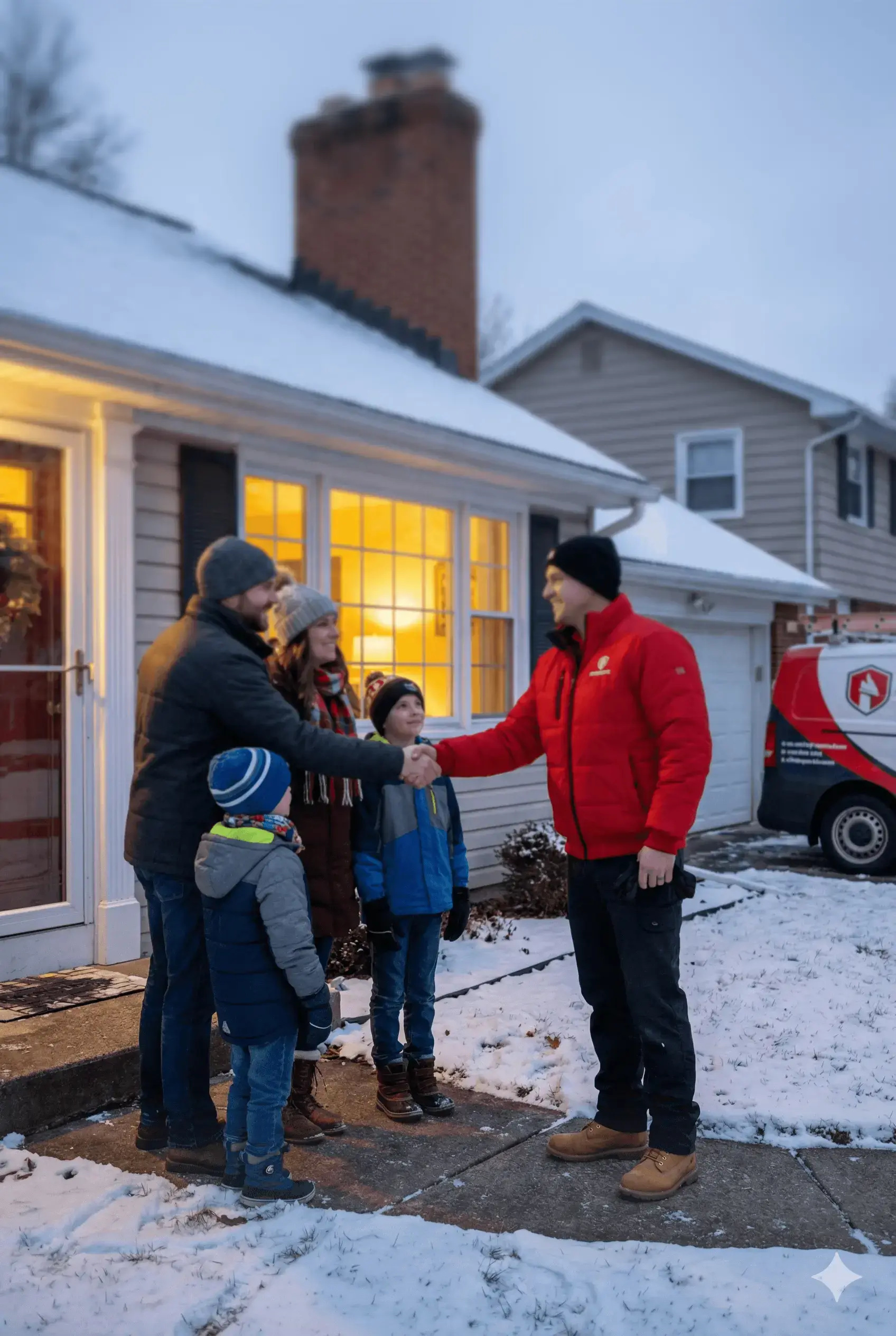 A Chimcare technician greeting a family outside their home, with a Chimcare van parked in the driveway A Chimcare technician greeting a family outside their home, with a Chimcare van parked in the driveway
