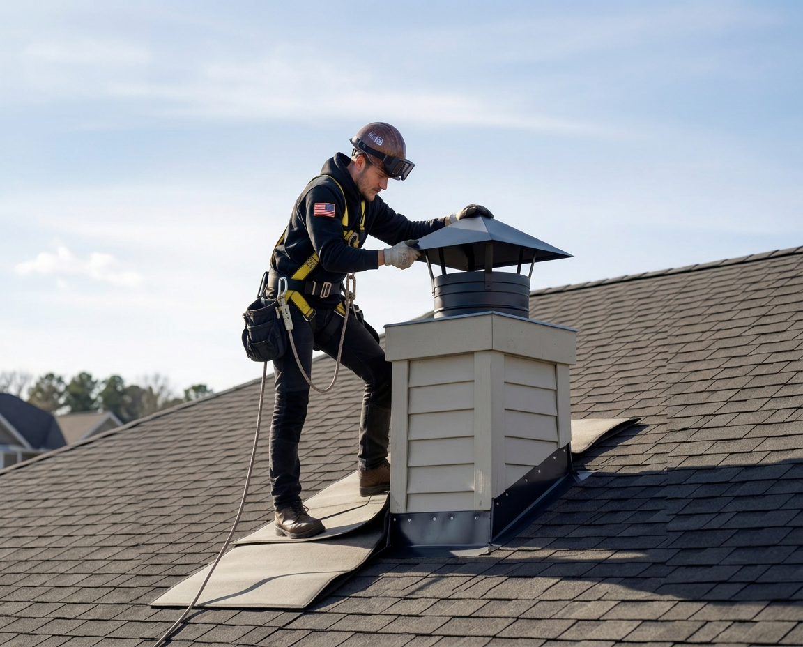 Chimcare technician fitting a chimney cap on a roof Chimcare technician fitting a chimney cap on a roof